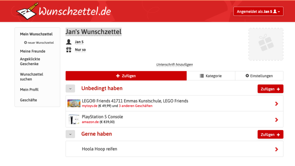 Screenshot of wunschzettel.de